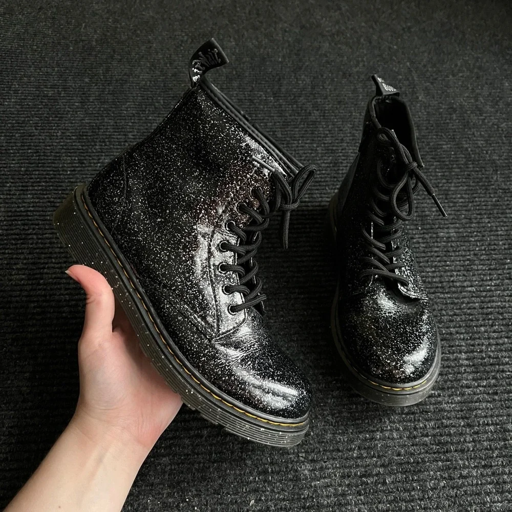 Dr. Martens 1460 J Boots Kids Size 4 Women 5 Black Glitter Zip Lace Up Combat